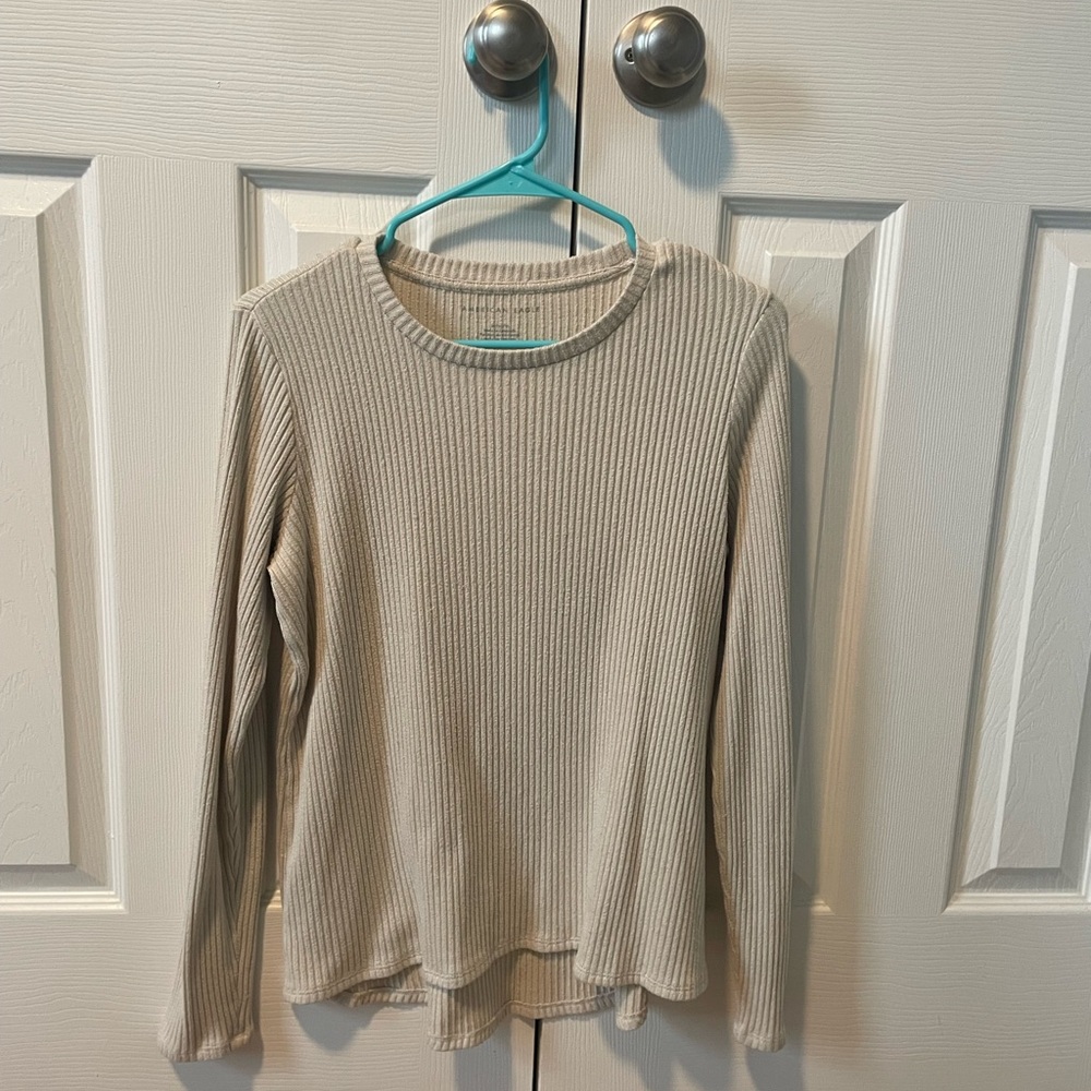 American Eagle Outfitters Beige Ribbed Long Sleeve Top